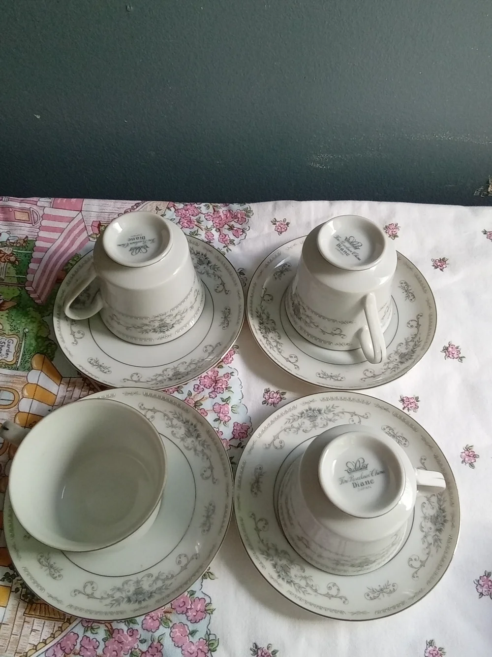 Fine Porcelain China Diane Japan Tea‎ Cup and Saucer Set of 4 Grey Floral Silver